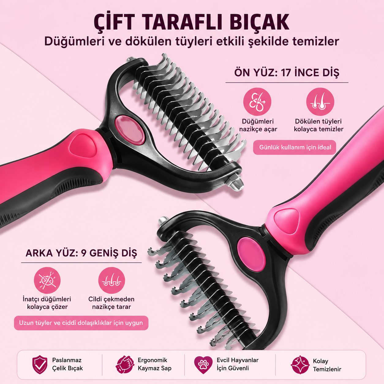 Çift Taraflı Evcil Hayvan Kıtık Açıcı ve Tüy Toplama Tarağı