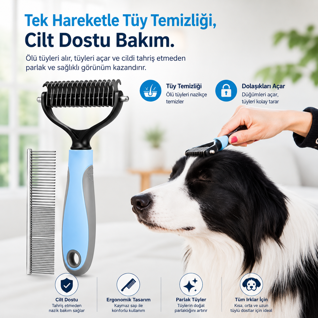 Çift Taraflı Evcil Hayvan Kıtık Açıcı ve Tüy Toplama Tarağı