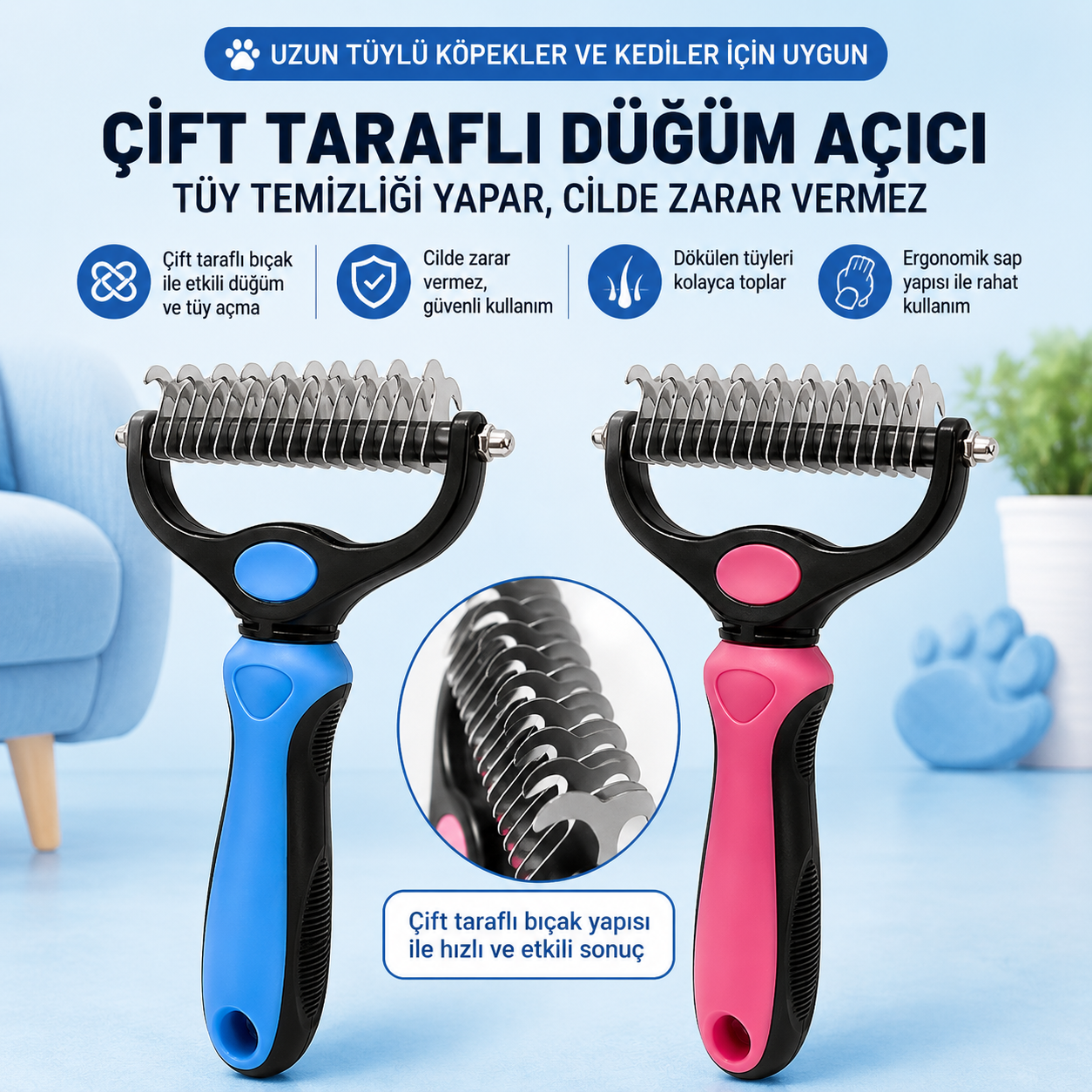 Çift Taraflı Evcil Hayvan Kıtık Açıcı ve Tüy Toplama Tarağı