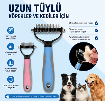 Çift Taraflı Evcil Hayvan Kıtık Açıcı ve Tüy Toplama Tarağı