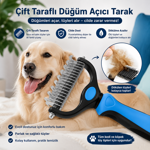 Çift Taraflı Evcil Hayvan Kıtık Açıcı ve Tüy Toplama Tarağı